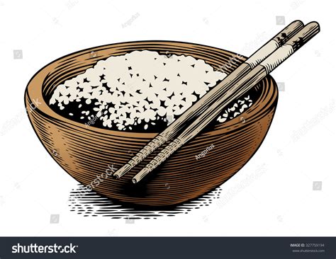Drawing Of Wooden Bowl With Rice And Chopstick Stock Vector