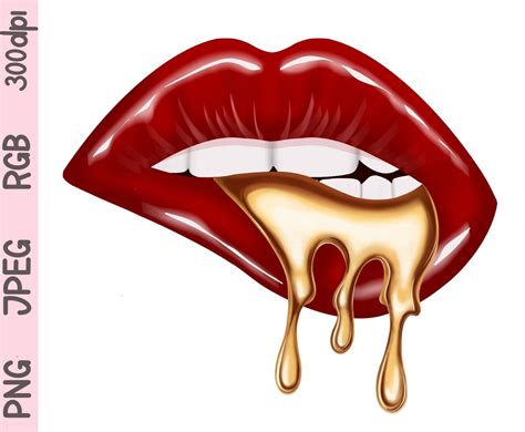 Red Gold Sexy Dripping Lips Silhouette Png Biting Lips Png Etsy