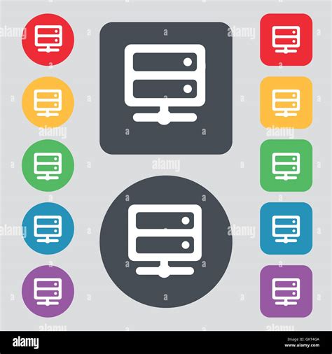 Server Icon Sign A Set Of 12 Colored Buttons Flat Design Vector