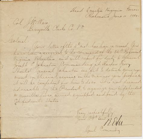 Josiah Ware Transcription Of A Letter From Gen Robert E Lee To