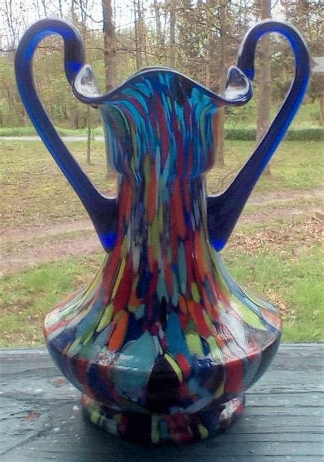 Beautiful Vintage Czech Bohemian Art Glass Vase End Of Day Applied Handles Deco Bohemian Art