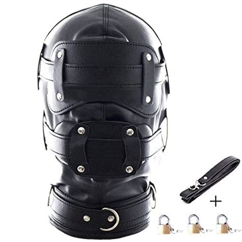 leather bondage gimp mask hood full face blindfold mask hood lockable and dildo penis mouth gag