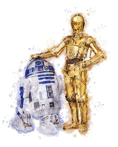 A Watercolor Painting Of A Star Wars Character Next To A Robot