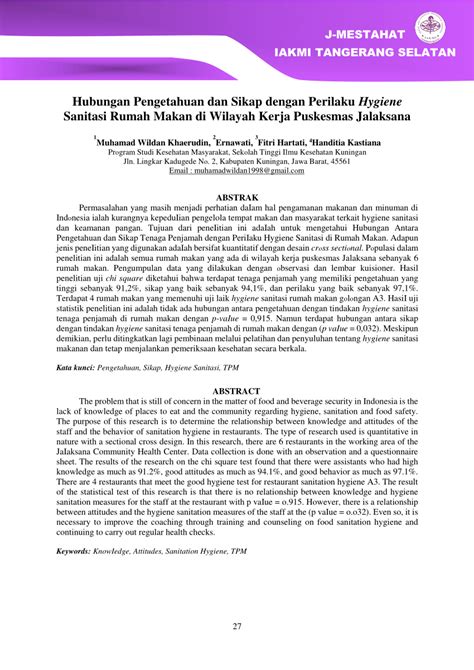PDF Hubungan Pengetahuan Dan Sikap Dengan Perilaku Hygiene Sanitasi Rumah Makan Di Wilayah