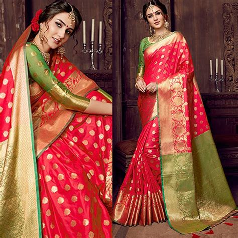 Buy Flourish Red Colored Pure Banarasi Silk Saree For Ladies For Upcoming Weddings Receptions