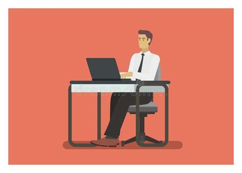 Male Employee Typing Laptop Front View Simple Flat Illustration