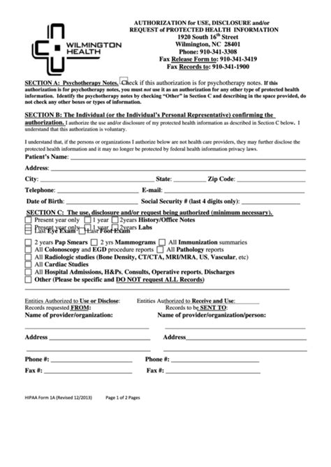 Hipaa Form 1a Authorization To Release Medical Records 2013