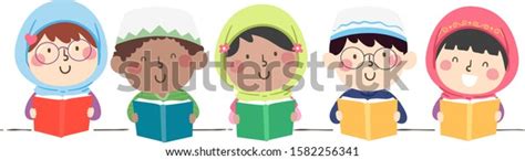 Illustration Muslim Kids Wearing Hijab Taqiyah Stock Vector Royalty