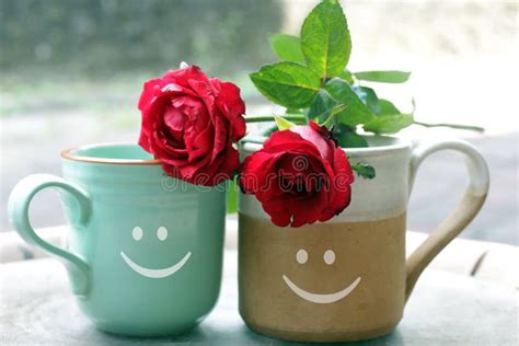 Two Cups Of Morning Coffee Or Tea And Roses Couple Cup With Happy