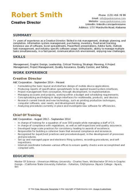 Maybe you would like to learn more about one of these? Creative Director Resume Samples | QwikResume
