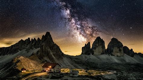 Cabin Dolomites Mountains Italy Mountains Starry Night Landscape