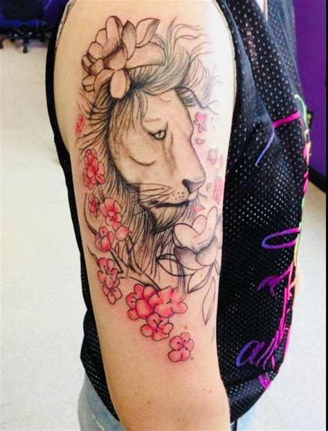 Lion And Flowers Arm Tattoo Tribal Lion Tattoo Lion Tattoo With