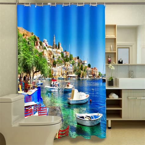 New 3d Shower Curtains Scenic Seaside Town Pattern Waterproof Fabric