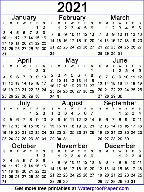 Waterproof Paper Calendar Printable Calendar