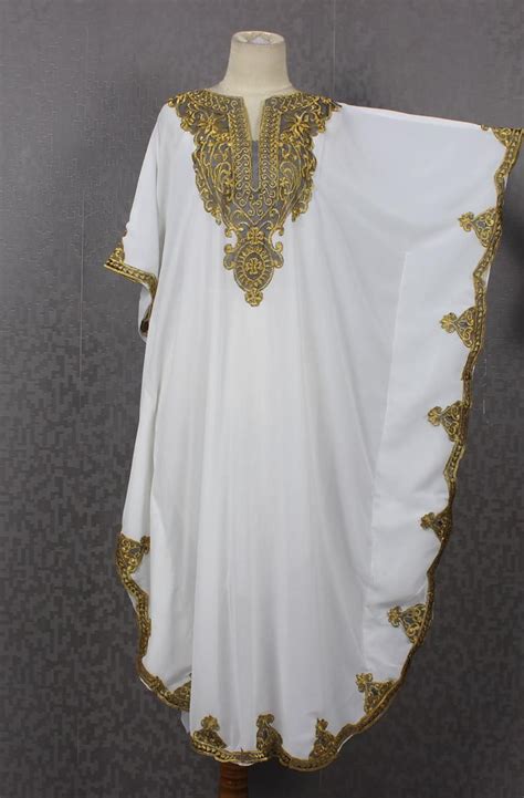 White Moroccan Kaftan Maxi Dress With Gold Embroidery Long Etsy