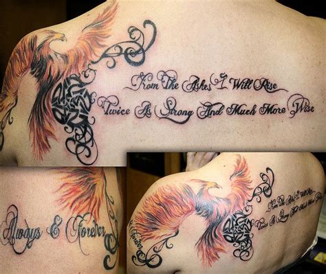 Colorful rising phoenix from the ashes tattoo on man upper back. Pheonix tattoo "From the ashes I will rise, twice as ...