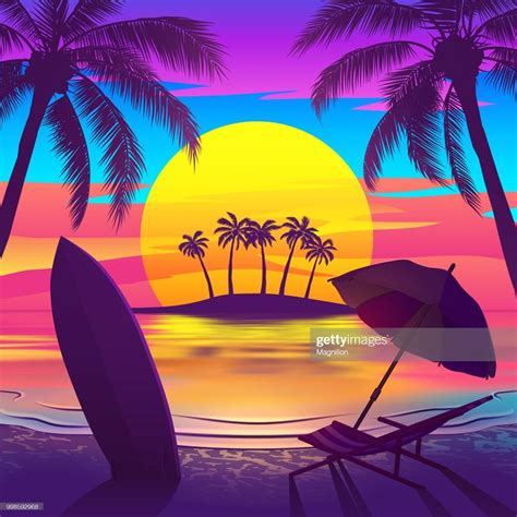 Tropical Beach At Sunset With Palm Trees Chaise Longue Surfboard