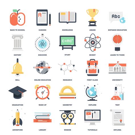 Abstract Vector Set Of Colorful Flat Education And Knowledge Icons