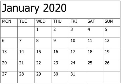 Editable January 2020 Calendar Template Calendar Printables
