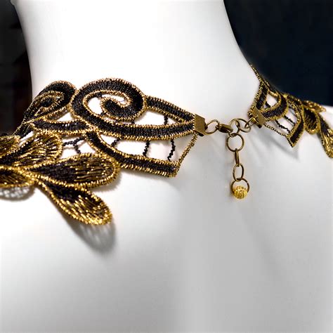 Regal Lace Necklace Statement Piece In Black And Gold Twisted Pixies