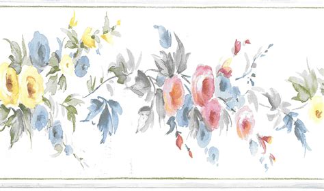 Prepasted Wallpaper Border Floral Blue Pink Yellow Flowers On Vine