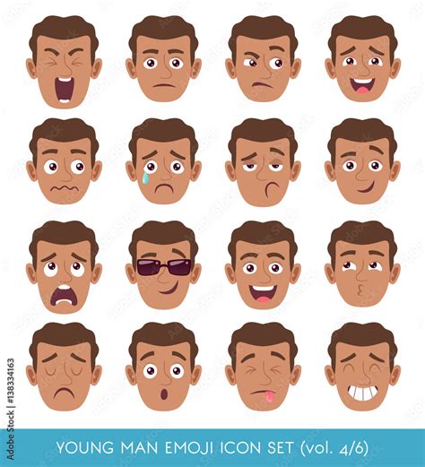 Set Of Male Facial Emotions Black Man Emoji Character With Different