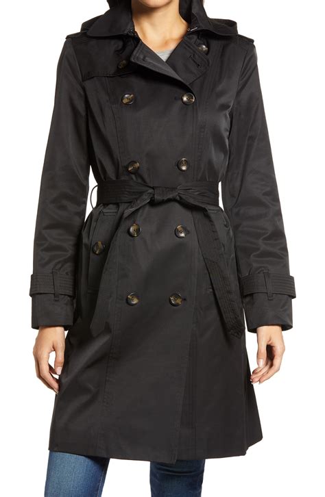 London Fog Double Breasted Trench Coat With Removable Hood In Black