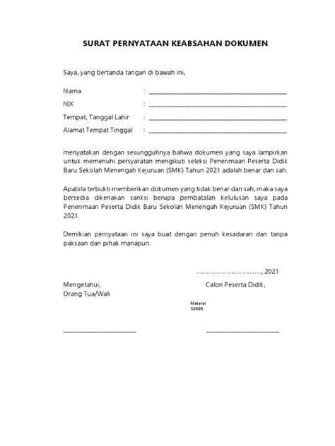 Surat Pernyataan Keabsahan Dokumen Materai 10000 Pdf