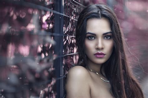 Brown Eyes Brunette Portrait Model Depth Of Field Wavy Hair Fence Long Hair