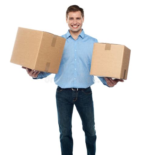Portrait Of A Guy Holding Boxes Stock Photo Image Of Packed Looking