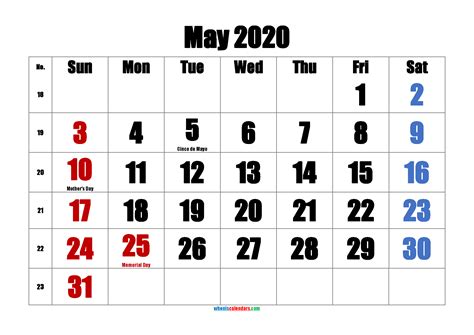 Printable May 2020 Calendar With Holidays 6 Templates