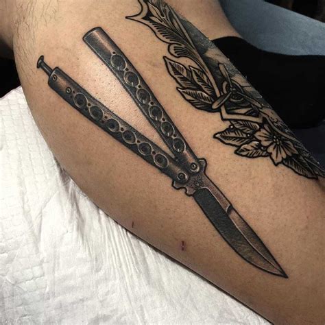 Traditional Butterfly Knife Tattoo On The Right Calf In 2020