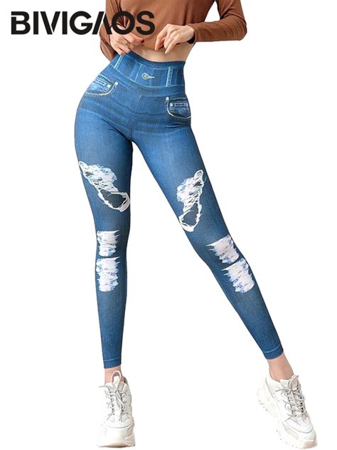 Bivigaos Jeans Blue Digital Print Leggings Women Tight Fit Sexy High Elastic Jeggings Butt