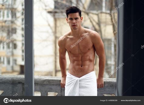 Shirtless Hot Handsome Man Poses Balcony Naked Torso Horizontal View