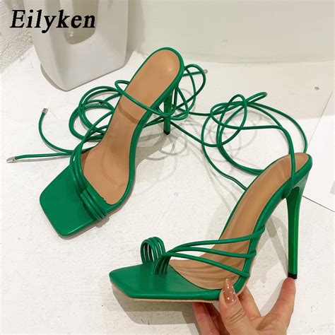 Eilyken New Summer Women Sexy Narrow Band Clip Toe Lace Up Gladiator Sandals Thin High Heels