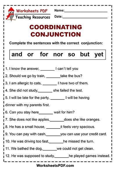 conjunction worksheets grade  parts  speech worksheets  learning