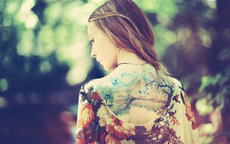 1920x1200 Girl Back Dress Tattoos Nature Background Style