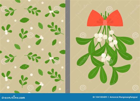 Mistletoe And Red Bow With Seamless Pattern For Christmas Stock Vector