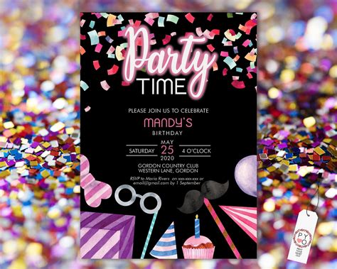 Diy Party Time Birthday Confetti Invitation Printable Template Black