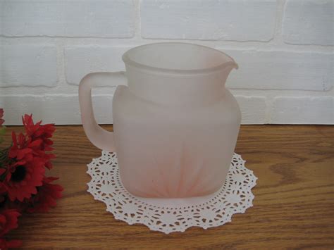 Vintage Pink Frosted Glass Pitcher Ouncesred Tomatoes Etsy