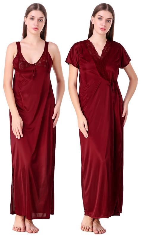 Buy Fasense Women Satin Maroon Nightwear 2 Pc Set Of Nighty And Wrap Gown