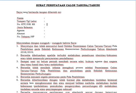 Pernyataan ini bisa dipertegas dengan. SURAT PERNYATAAN CALON TARUNA / TARUNI