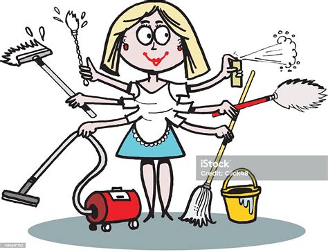 Vector Cartoon Of Housewife Doing Many Chores At Once Stock