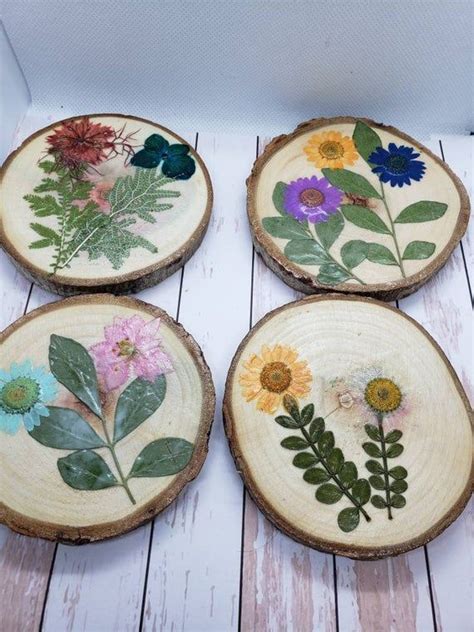 Pressed Flower Wooden Coasters Natural Wood Coaster Etsy In 2021
