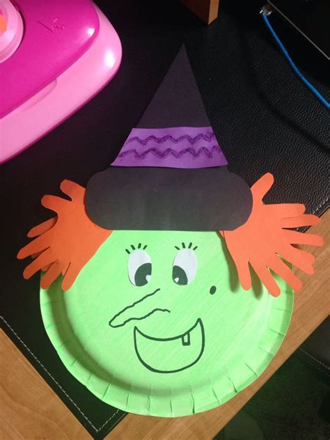 Halloween Witch Made From Paper Plate And Handprint Cutouts Holiday