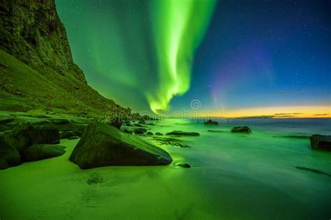 Aurora Borealis Nas Ilhas De Lofoten Noruega Aurora Boreal Verde Acima