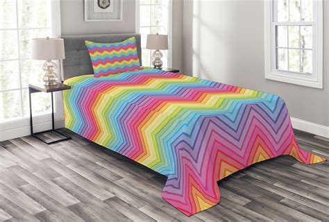Rainbow Bedspread Set Colorful Zig Zag Chevron Pattern Geometric