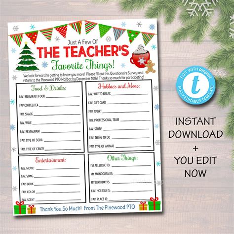Christmas Teacher Favorites Survey Tidylady Printables