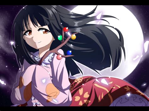 Safebooru 1girl Black Hair Branch Brown Eyes Bwell Full Moon Hime Cut Houraisan Kaguya Jeweled