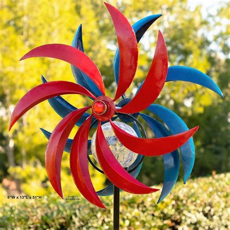 Solar Lighted Wind Spinner Kinetic Metal Art Wind Lawn Stake Red Blue